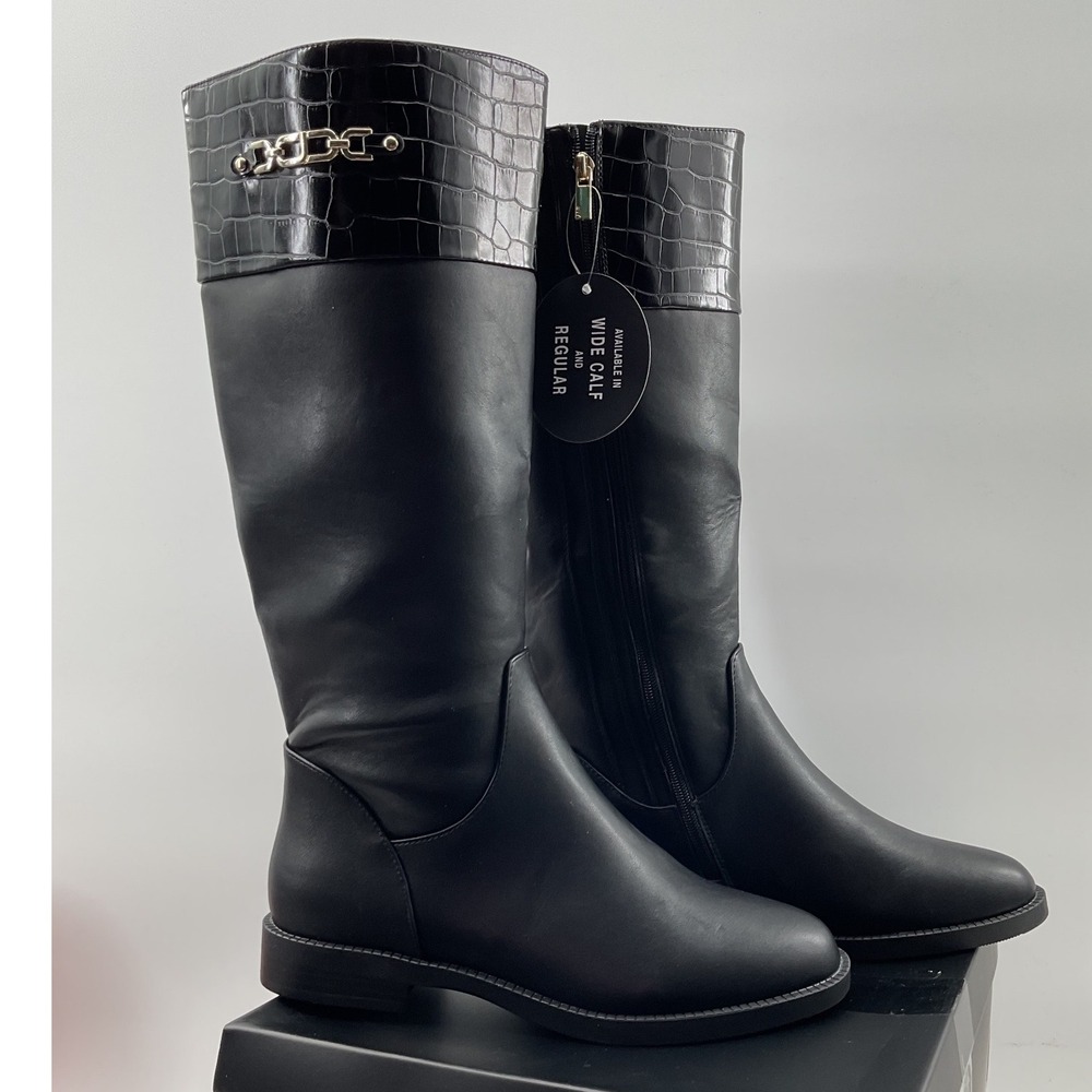Jones New York Black Wide Calf Riding Boots Croc Embossed Cuff Gold Chain Trim